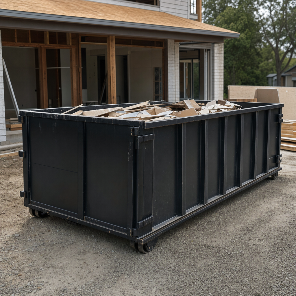 Large matte-black 30-yard construction roll-off dumpster at an active Deltona jobsite, steel-gray top rails and bottom rollers visible, loaded with construction debris.
