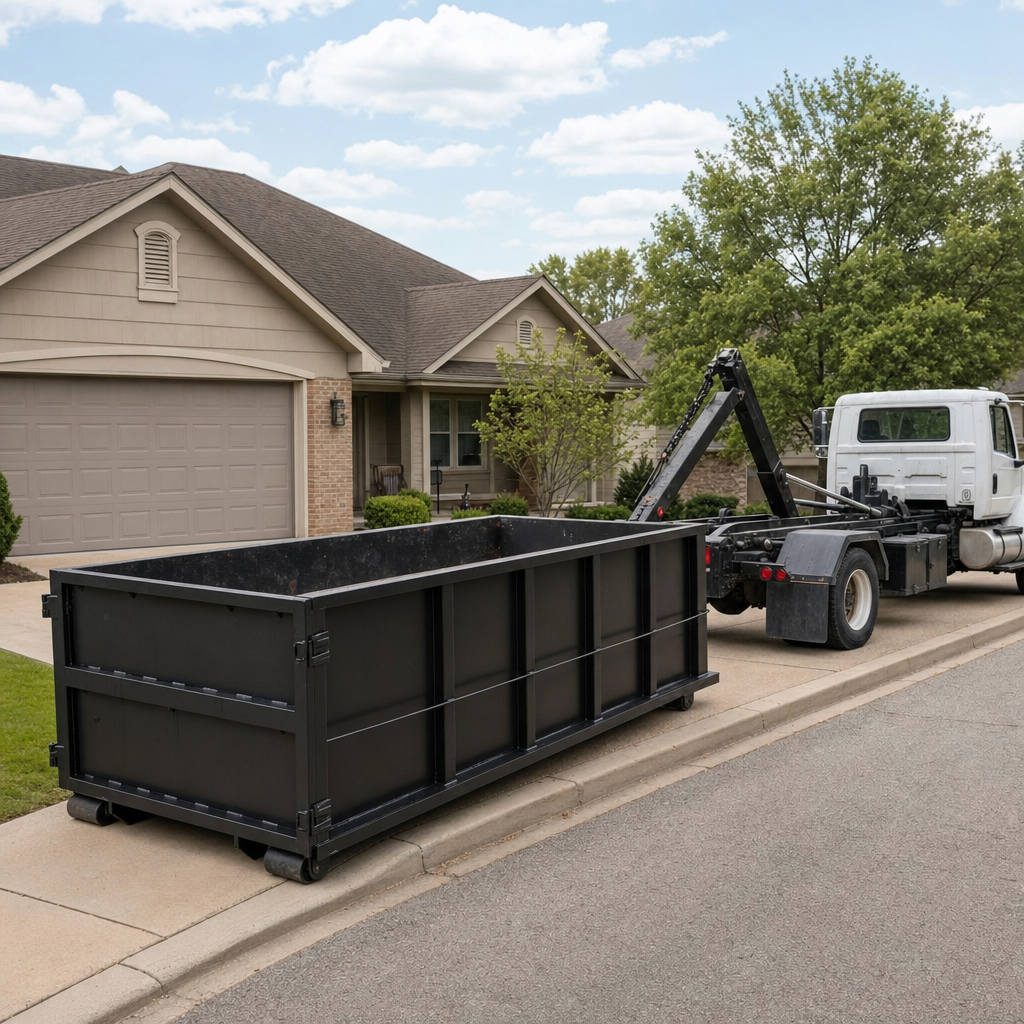 Wide documentary shot of a matte-black roll-off dumpster on a Deltona residential driveway in the foreground and a contractor jobsite container in the soft-focus background, bright daylight, calm and orderly composition.